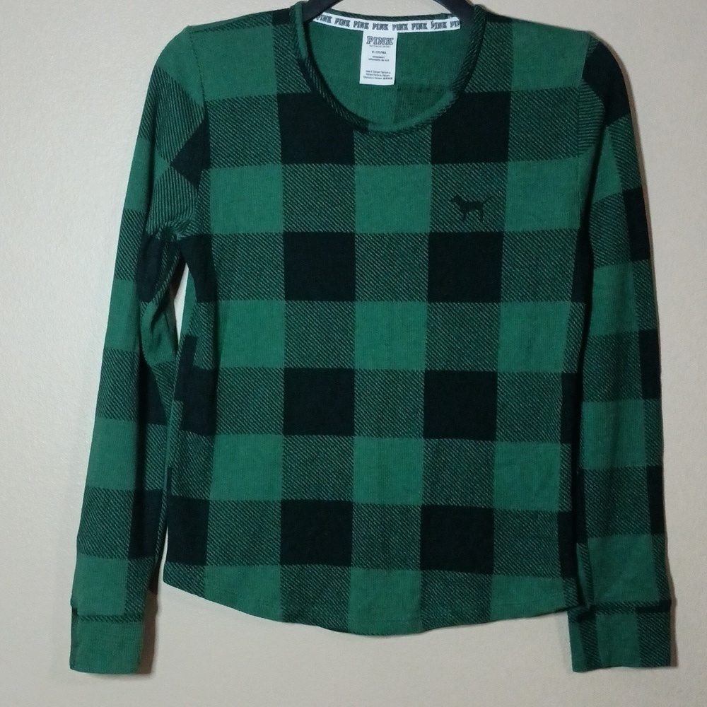 PINK Victoria's Secret Green and Black Checkered Long Sleeve Sleep Shirt